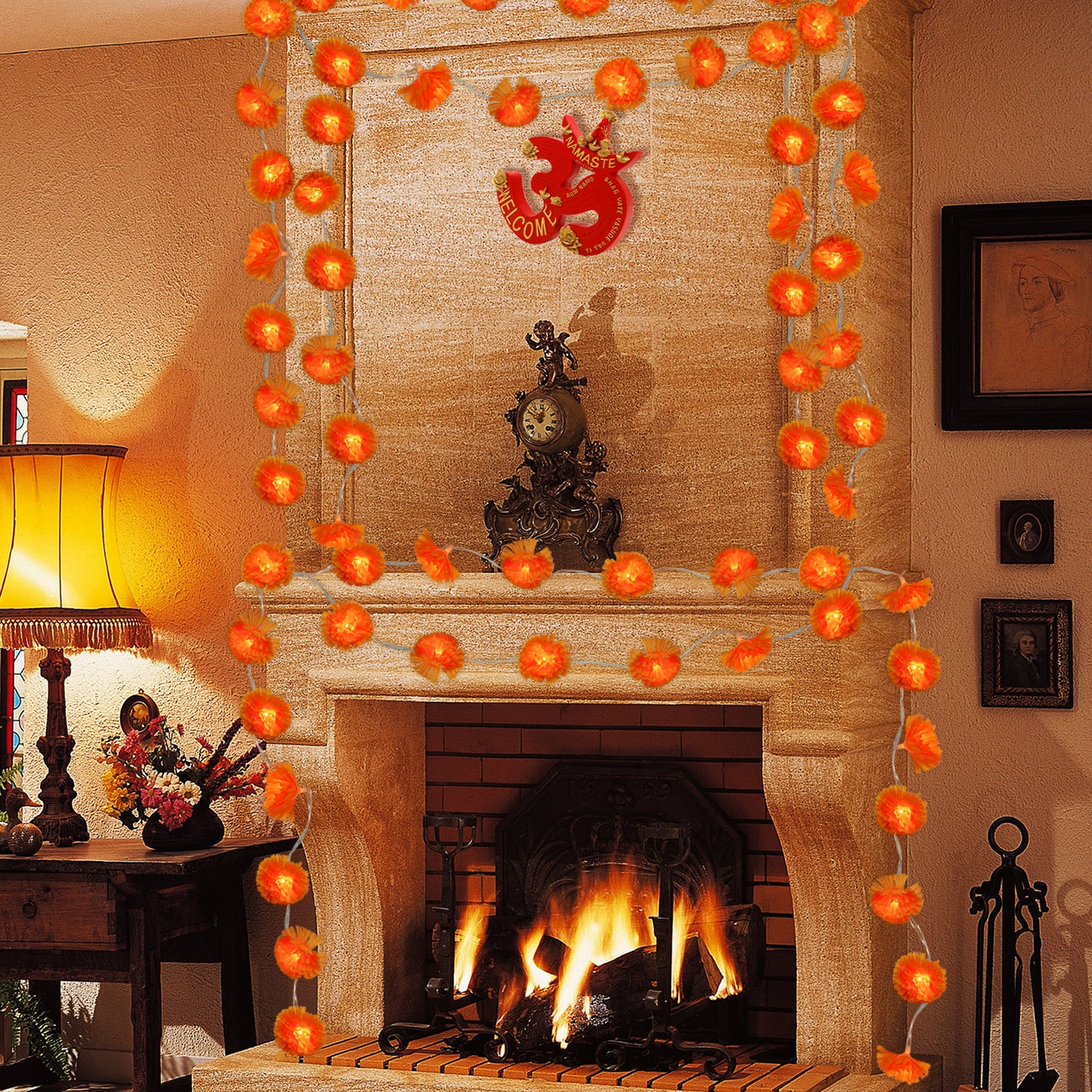 alikiki Artificial Marigold Flowers String Lights - 2 Packs USB-Powered Fabric Marigold Garland for Diwali Puja Gifts, Weddings, Indian Parties,Diwali Wall Door Pooja Room Altar Decor