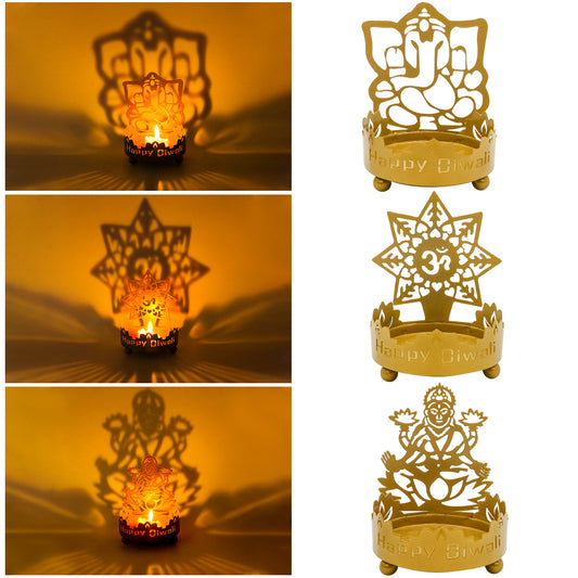 Metal Shadow Diwali Diya Set - 3PCS Diwali Gift for Indian Friend Ganesha Lakshmi OM T-Light Candle Holder for India Wedding Navratri Puja Dhanteras Pongal Karva Chauth Mandir Temple Altar Pooja Item