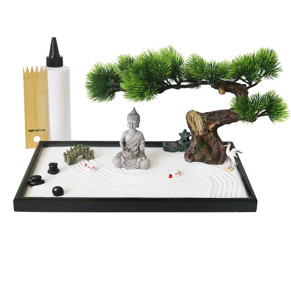 Japanese Tabletop Meditation Zen Garden - Tabletop Rock Sand Meditating Sandbox for Birthday Gift Bamboo Rakes Bonsai Tree Plant Pagoda Accessories Tools Kits Office Home Desktop Relaxation Decor