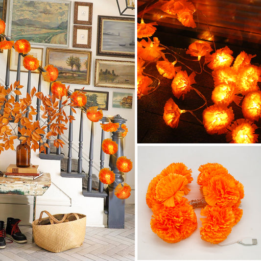 alikiki Artificial Marigold Flowers String Lights - 2 Packs USB-Powered Fabric Marigold Garland for Diwali Puja Gifts, Weddings, Indian Parties,Diwali Wall Door Pooja Room Altar Decor