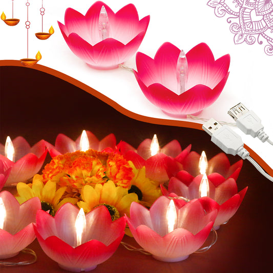 Diwali Lotus LED Diyas String-Lights - USB Powered Waterproof Diwali Diya Lights for Pooja Item Indian Home Office Mandir Puja Decor - Includes 5 Stickers (11.1ft)