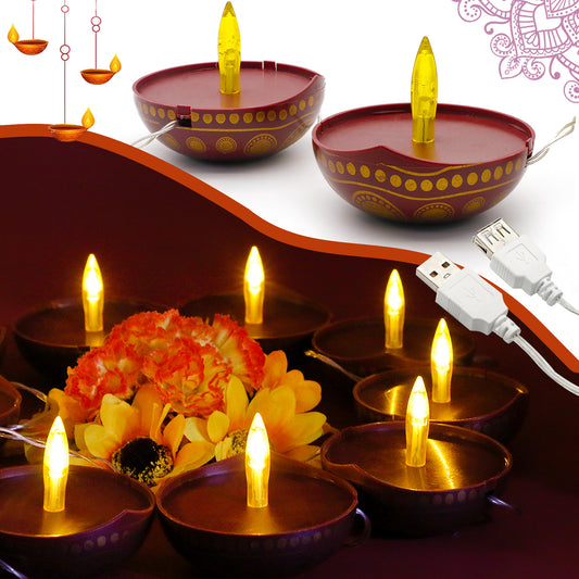 Diwali Diyas String Lights Decor - 10 LED Diyas Lights USB Operated Indian Pooja Room Home Office Mandir Puja Gifts Hindu Wedding Light