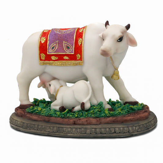Hindu God Cow Calf Statue- 6.7" L Indian Idol Cow with Calf Figurines Gifts for Indian Friends Family Friends Family Diwali Gifts Murti Pooja Item Home Office Mandir Temple Puja Decor