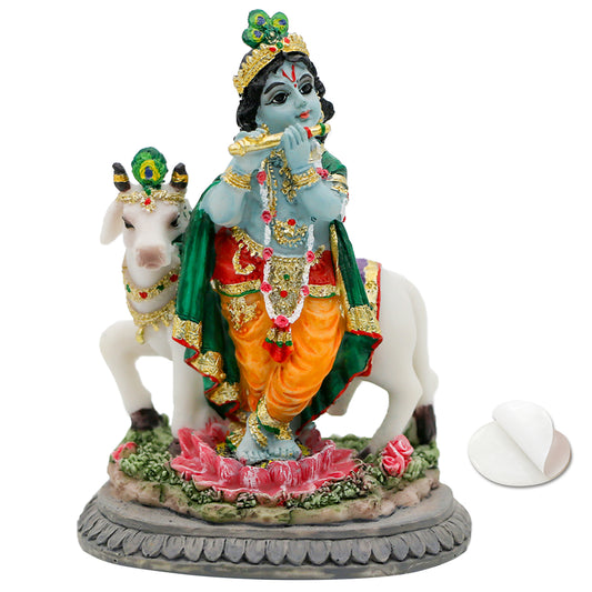 Hindu Idol Lord Krishna Statue- 3.7”H Handmade Standing Krishna Murti Playing Flute with Cow for Home Office Mandir Temple Altar Shrine Pooja Item Diwali Puja Gifts