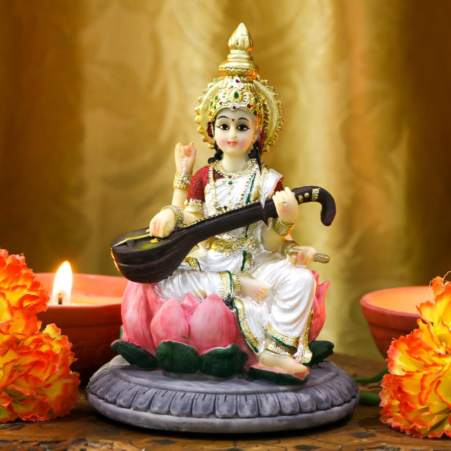 Hindu Goddess Saraswati idol Statue - 5.1”H Saraswati Statue Indian Spiritual Culture Sculpture Diwali Murti Pooja Item India Idol Statue Diwali Decor Diwali Gifts Hindu God Figurines