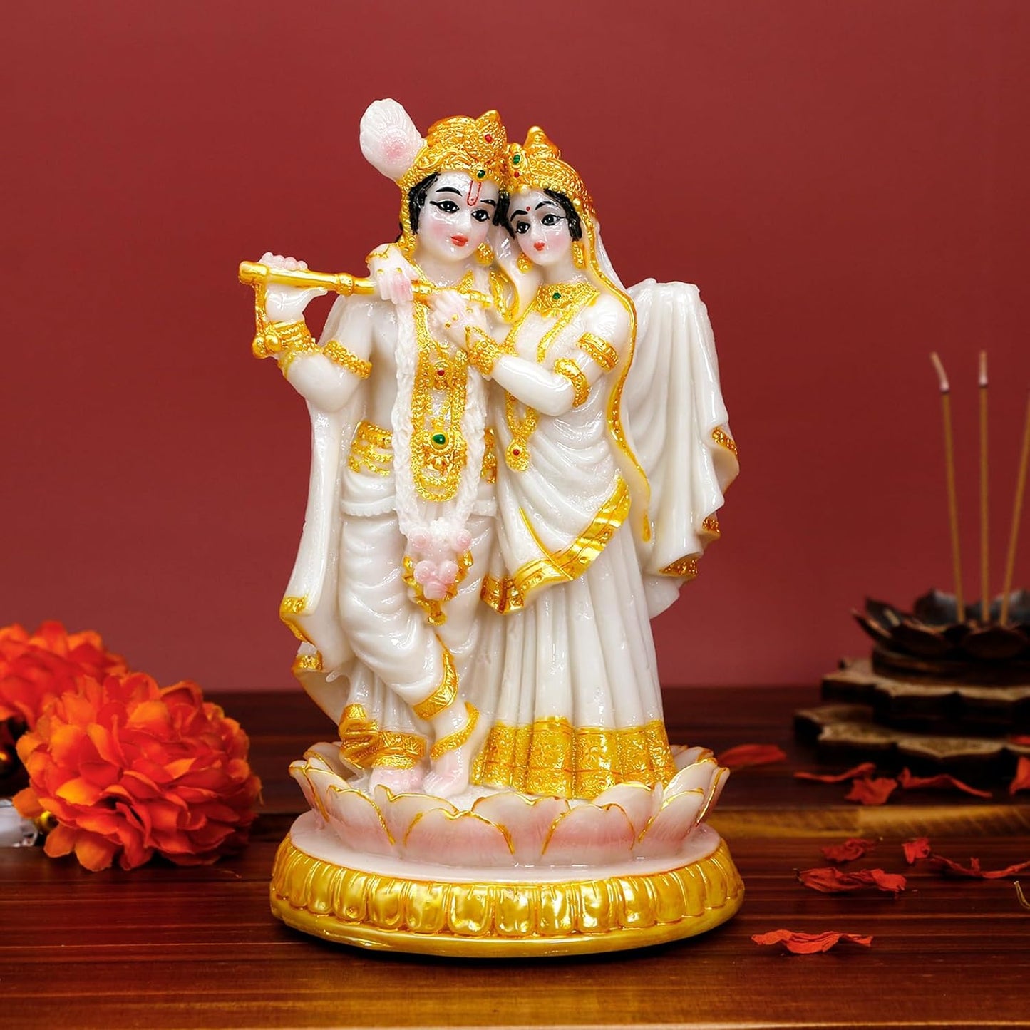 BangBangDa Hindu God Radha Krishna Statue - 5.7" H Marble Color India Murti Pooja Item for Indian Couple Valentine’s Day Gifts for Indian Man Women Lady Lord Krishna Idol