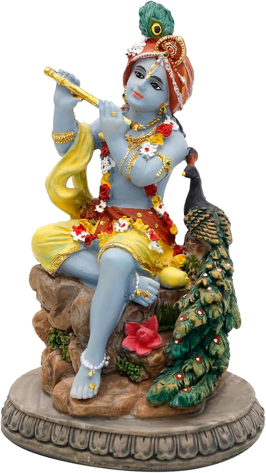 alikiki Hindu God Krishna Statue - 5.5”H India Lord Krishna Idol Play The Flute w/Peacock Murti Item Home Office Temple Mandir Shrine Altar Pooja Decor Diwali Puja Decor Gifts for Indian Friend