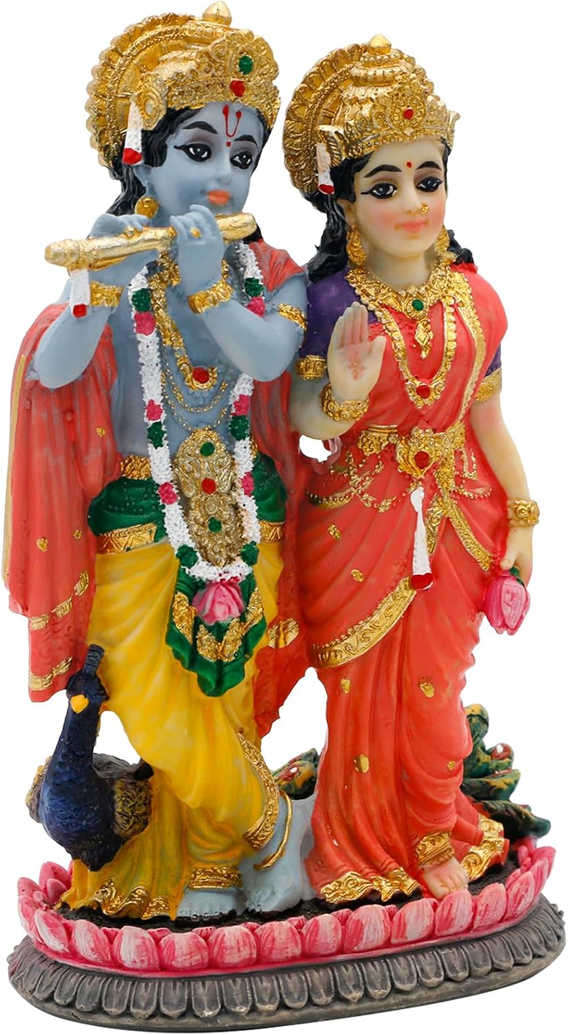 Indian Murti Radha Krishna Statue - 4.9”H Hindu God Radha Krishna on Lotus India Pooja Item Home Office Temple Mandir Shrine Altar Diwali Puja Decor Ideal Wedding Gift for Indian Friend Relative