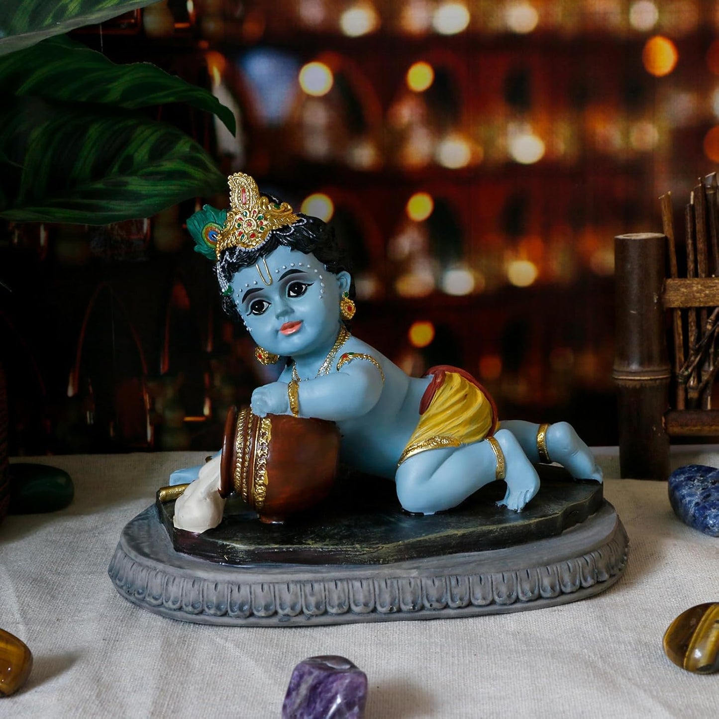 Indian God Baby Krishna Statue - 6.6" L Hindu God Krishna Idol for Car Dashboard Decor,Small Makhan Chor Figurine Murti Diwali Gifts Indian Wedding Gifts Baby Shower Return Gift