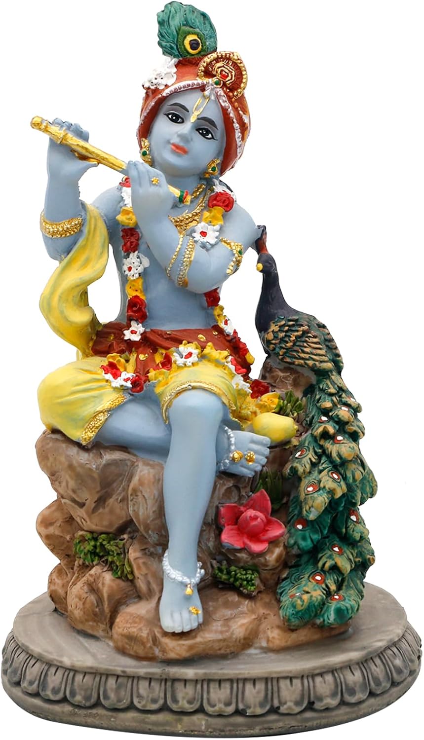 alikiki Hindu God Krishna Statue - 5.5”H India Lord Krishna Idol Play The Flute w/Peacock Murti Item Home Office Temple Mandir Shrine Altar Pooja Decor Diwali Puja Decor Gifts for Indian Friend