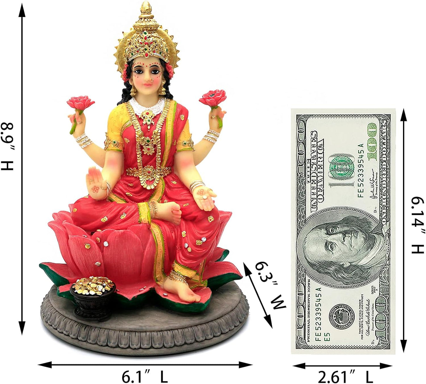 Indian Gift Goddess Laxmi Statue - 8.9”H Hindu Idol Lakshmi Sculpture Diwali Gift for Indian Pooja Item Decoration Indian Home Office Mandir Temple Altar Puja Housewarming Wedding