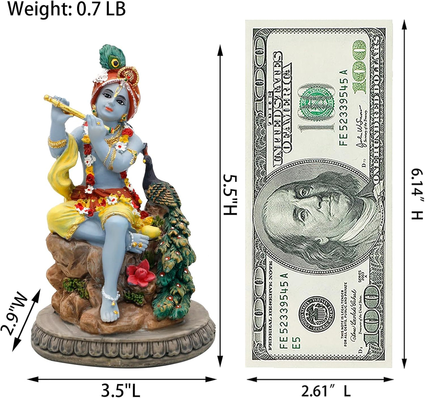 alikiki Hindu God Krishna Statue - 5.5”H India Lord Krishna Idol Play The Flute w/Peacock Murti Item Home Office Temple Mandir Shrine Altar Pooja Decor Diwali Puja Decor Gifts for Indian Friend