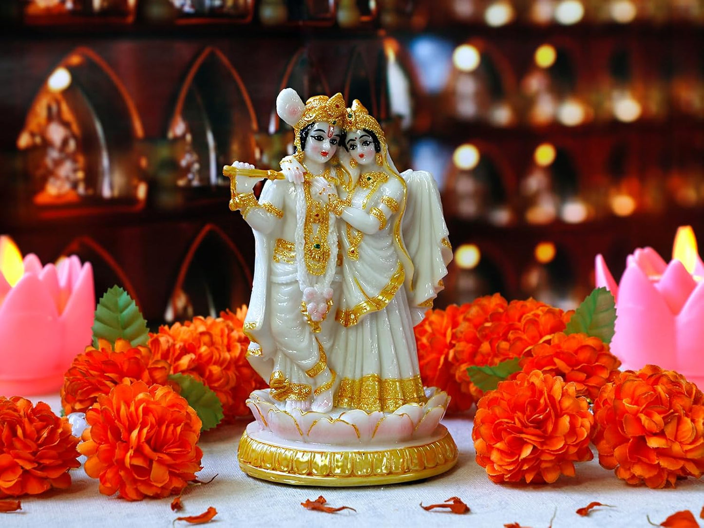 BangBangDa Hindu God Radha Krishna Statue - 5.7" H Marble Color India Murti Pooja Item for Indian Couple Valentine’s Day Gifts for Indian Man Women Lady Lord Krishna Idol