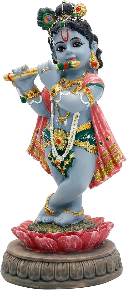 alikiki Hindu Krishna Idol Statue - 5.7”H Indian God Lord Krishna on Lotus Playing Flute India Murti Item Home Office Temple Mandir Shrine Altar Pooja Decor Diwali Puja Gifts for Indian Friends
