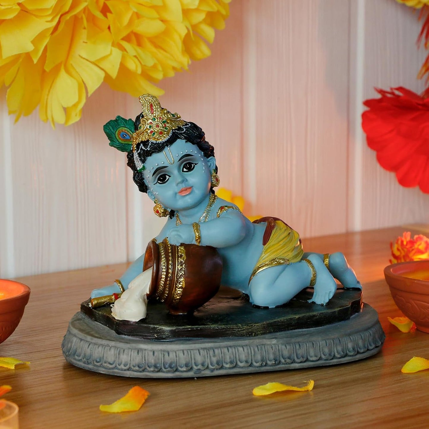 Indian God Baby Krishna Statue - 6.6" L Hindu God Krishna Idol for Car Dashboard Decor,Small Makhan Chor Figurine Murti Diwali Gifts Indian Wedding Gifts Baby Shower Return Gift