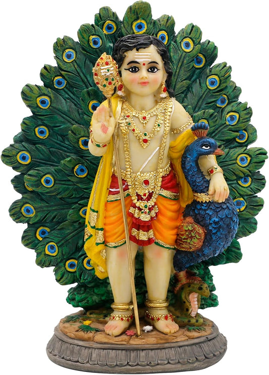 alikiki Lord Kartikeya Statue with Peacock - 6.7”H Indian Lord Murugan Idol Murti Item Home Office Temple Mandir Shrine Altar Pooja Decor India Diwali Puja Gifts for Friends Relative