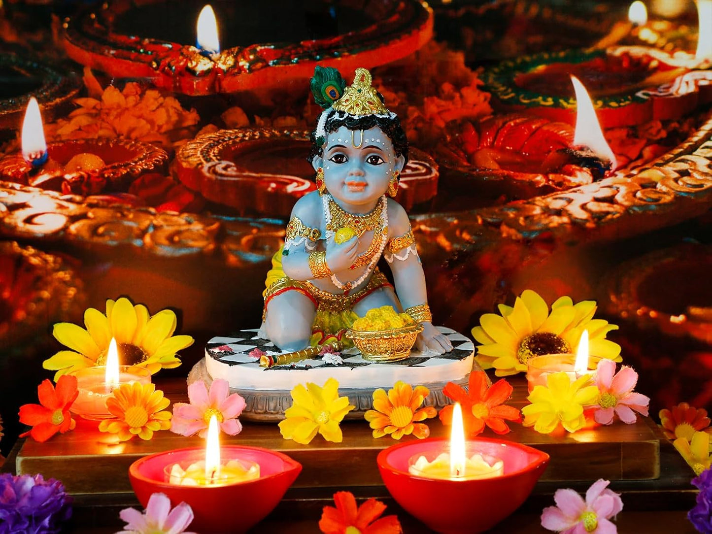 alikiki Baby Krishna Idol Statue - 5.9”H Hindu God Laddu Gopal Kneeling Enjoy Laddus India Murti Item Home Temple Mandir Shrine Altar Pooja Decor Diwali Puja Gifts for Indian Friends