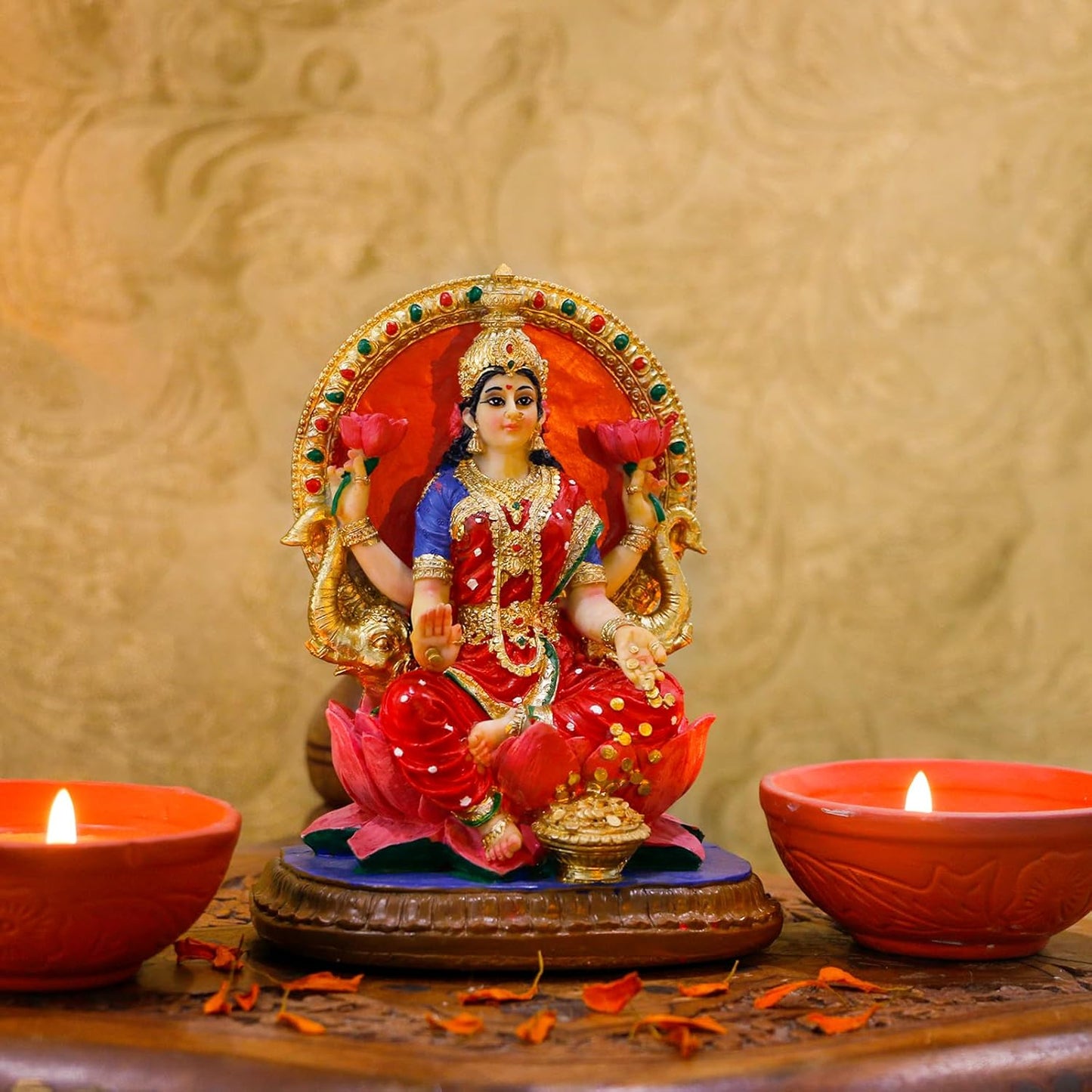 alikiki Indian Lakshmi Idol Statue - 5.1”H Hindu Goddess Laxmi MATA Murti India Pooja Item Home Office Temple Mandir Shrine Altar Diwali Puja Spiritual Decor Ideal Gifts for Indian Friend Relative