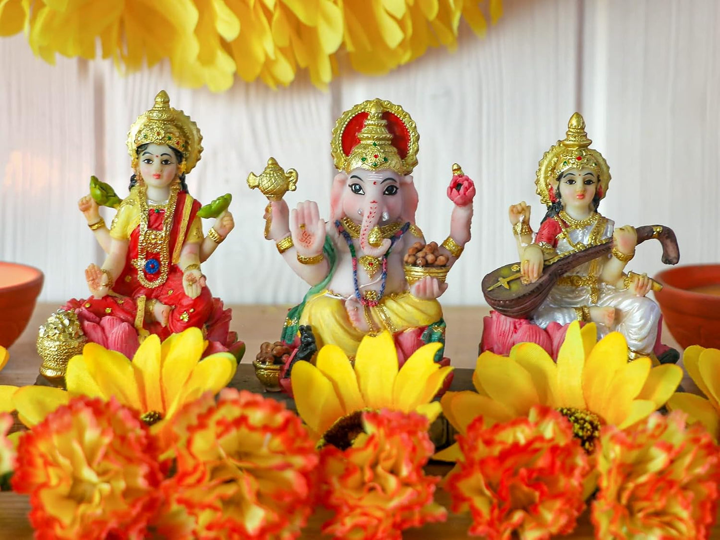 India Laxmi Ganesh Saraswati Statue - 3.9”H Indian God Lakshmi Ganesha Saraswati Idol Figurine Hindu Diwali Gifts Diwali Decoration Home Office Mandir Temple Pooja Item