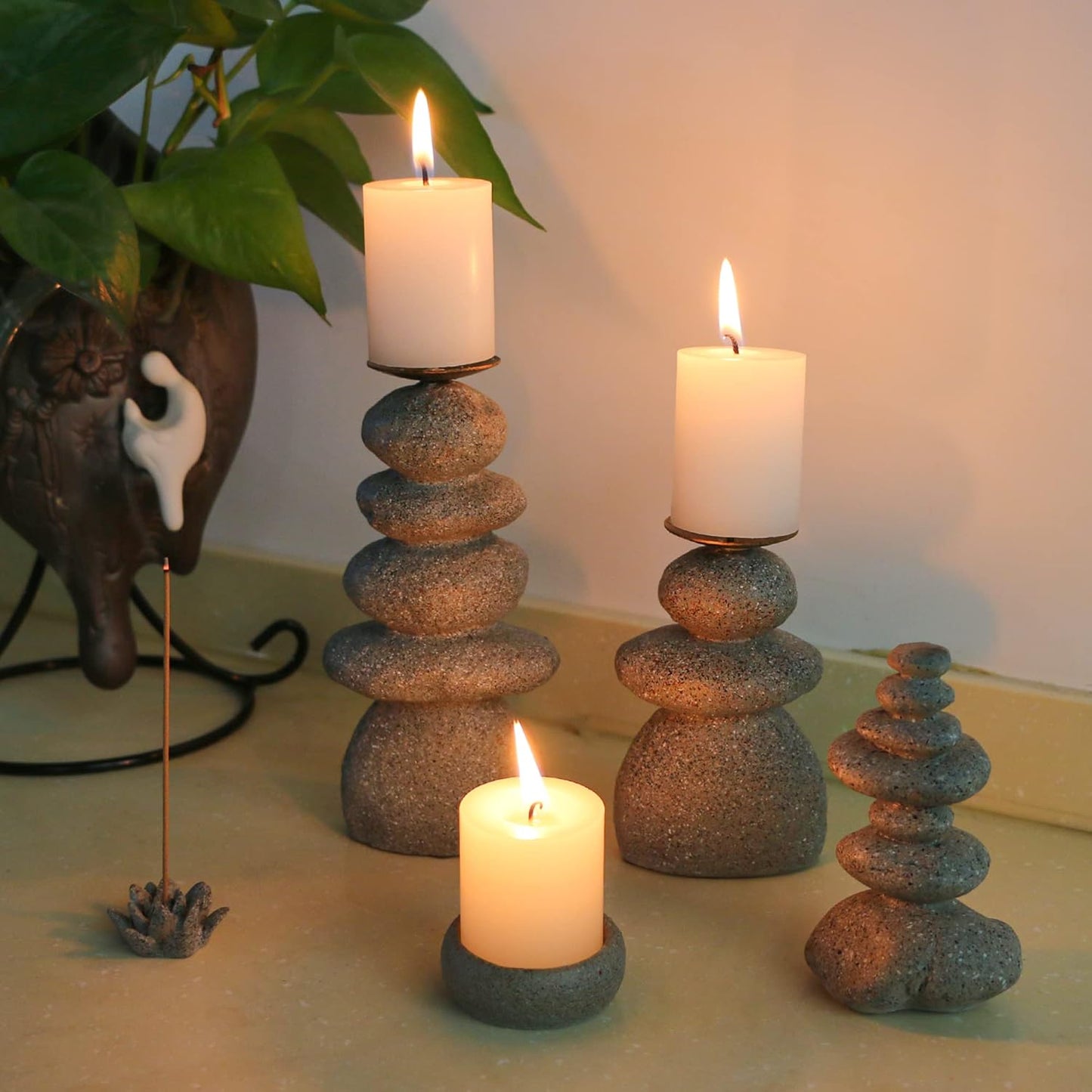 Rock Cairns Candle Holder - Taper Pillar Candle Stick Holder Set of 5 - Balance Stones Candlestick Holders Candlelight Stand for Zen Garden, Altar, Mantle, Yoga, Home Decoration, Meditation Gift