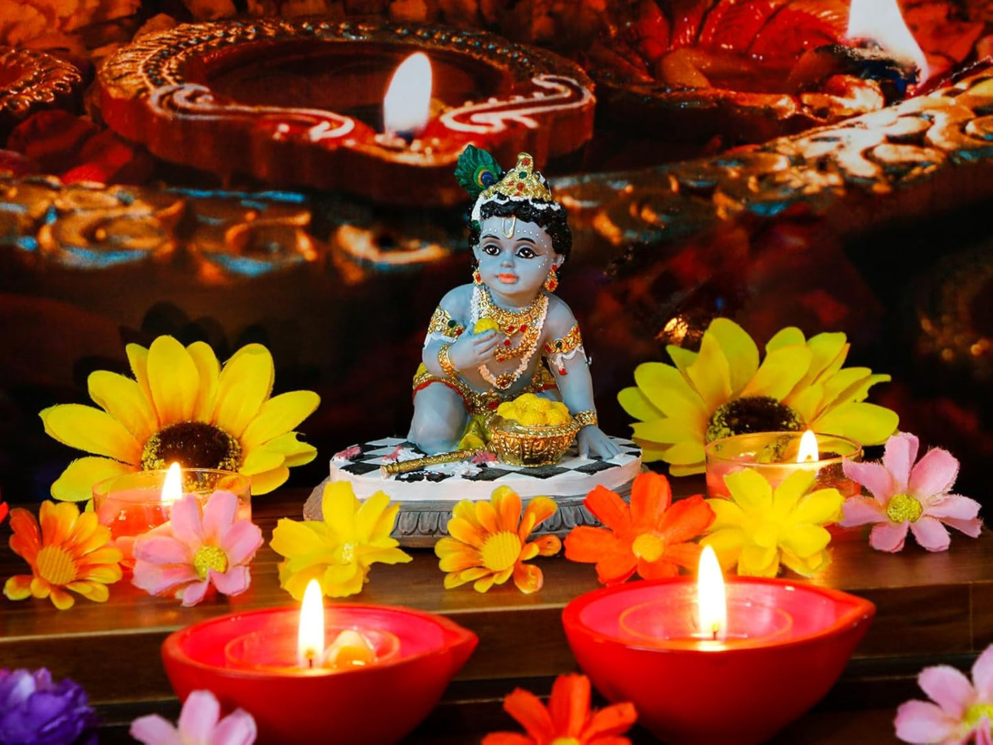 alikiki Baby Krishna Car Decor - 3.5”H Hindu God Lord Krishna Idol Statue Laddu Gopal India Murti Item Home Temple Mandir Shrine Altar Pooja Diwali Puja Gifts for Indian Friend Family Father Mother