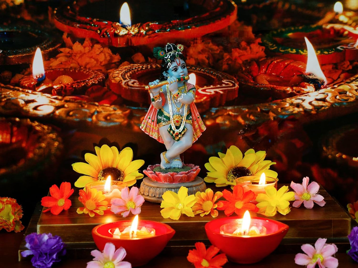 alikiki Hindu Krishna Idol Statue - 5.7”H Indian God Lord Krishna on Lotus Playing Flute India Murti Item Home Office Temple Mandir Shrine Altar Pooja Decor Diwali Puja Gifts for Indian Friends