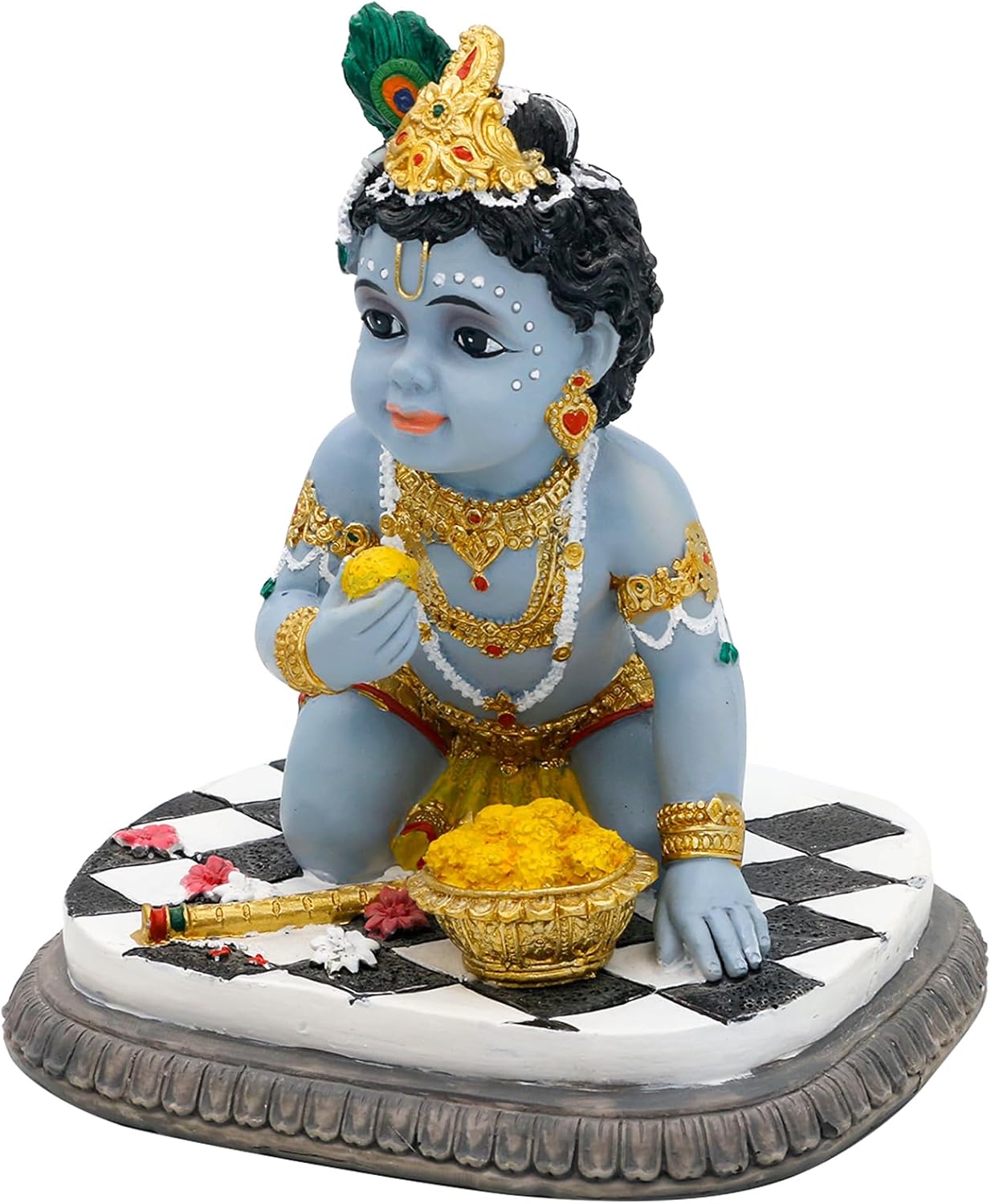 alikiki Baby Krishna Idol Statue - 5.9”H Hindu God Laddu Gopal Kneeling Enjoy Laddus India Murti Item Home Temple Mandir Shrine Altar Pooja Decor Diwali Puja Gifts for Indian Friends