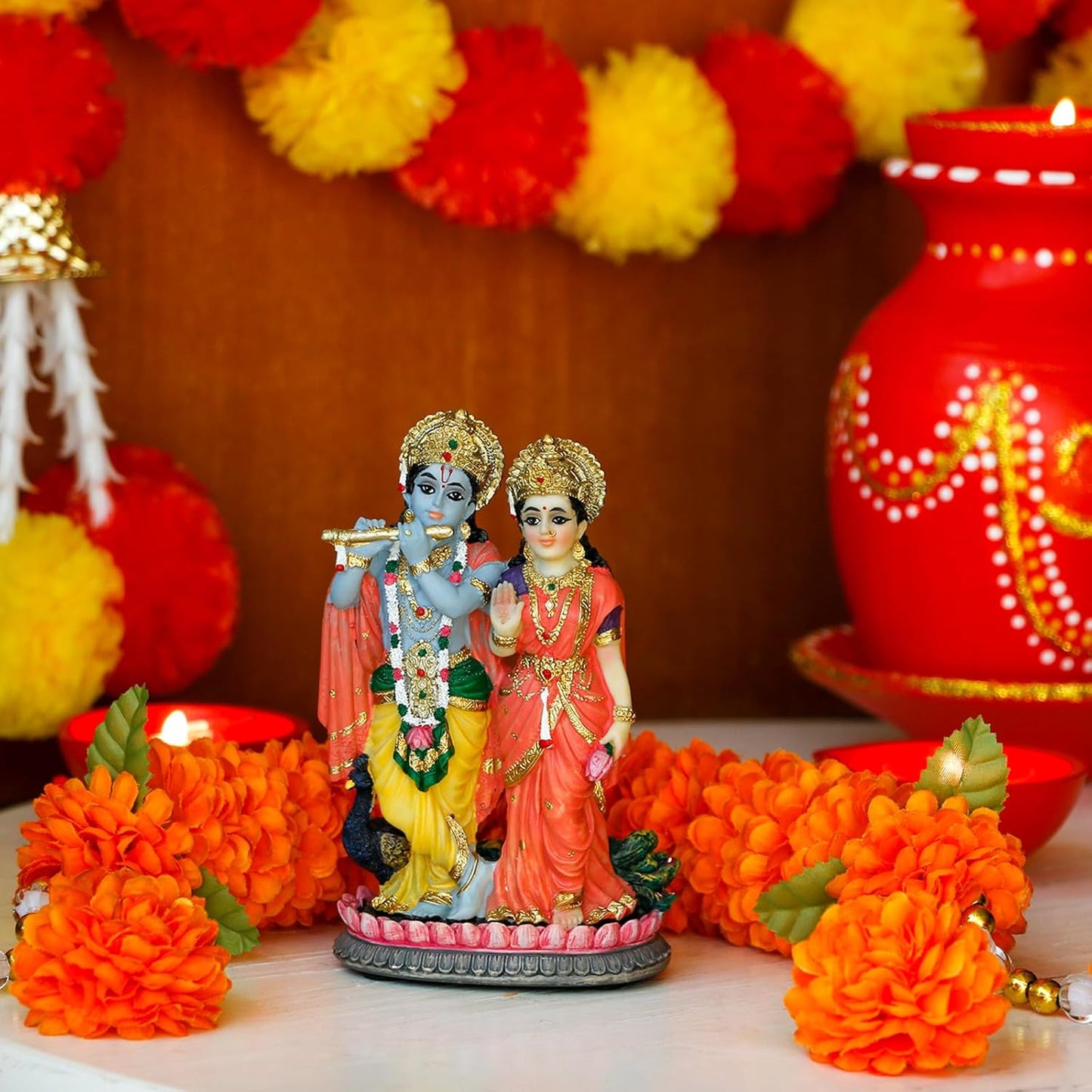 Indian Murti Radha Krishna Statue - 4.9”H Hindu God Radha Krishna on Lotus India Pooja Item Home Office Temple Mandir Shrine Altar Diwali Puja Decor Ideal Wedding Gift for Indian Friend Relative