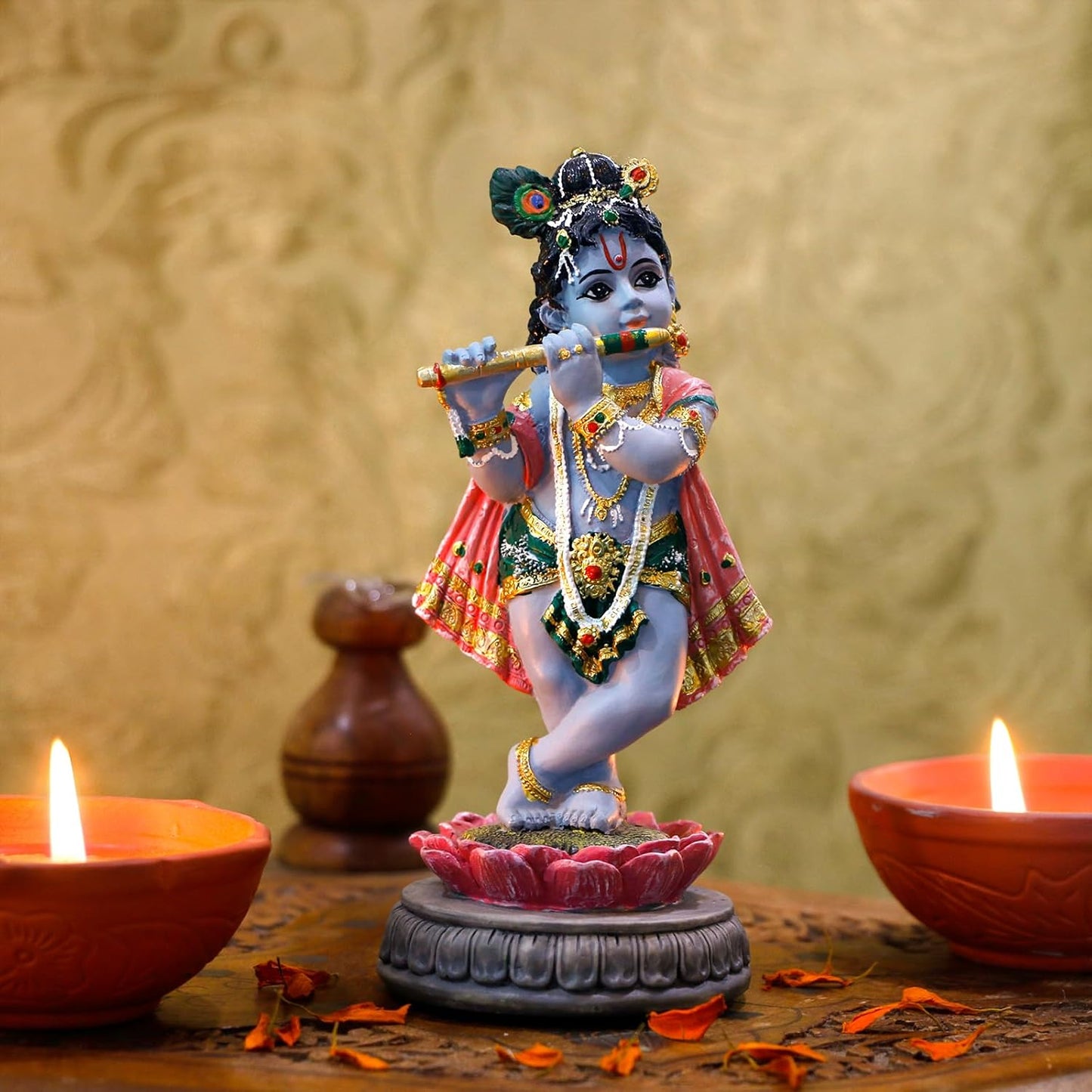 alikiki Hindu Krishna Idol Statue - 5.7”H Indian God Lord Krishna on Lotus Playing Flute India Murti Item Home Office Temple Mandir Shrine Altar Pooja Decor Diwali Puja Gifts for Indian Friends