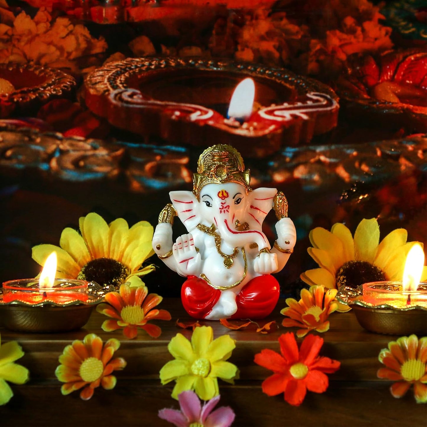 alikiki Ganesha Statue for Car Dashboard – 3.5" H Polystone Hindu God Lord Ganpati Murti Idol for Pooja Mandir Temple Altar Puja Decor Diwali Housewarming Wedding Spiritual Gifts for Indians