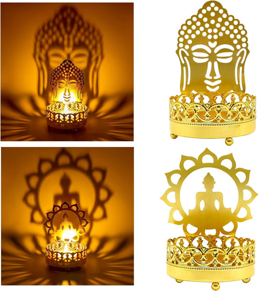 Metal Buddha Shadow Candle Holder - Buddha Head & Meditation Sitting Buddha Shapes Diya Spiritual Decor Tranquil Ambiance Zen Gifts T-Light Holder Yoga Studio Zen Room Altar Decor