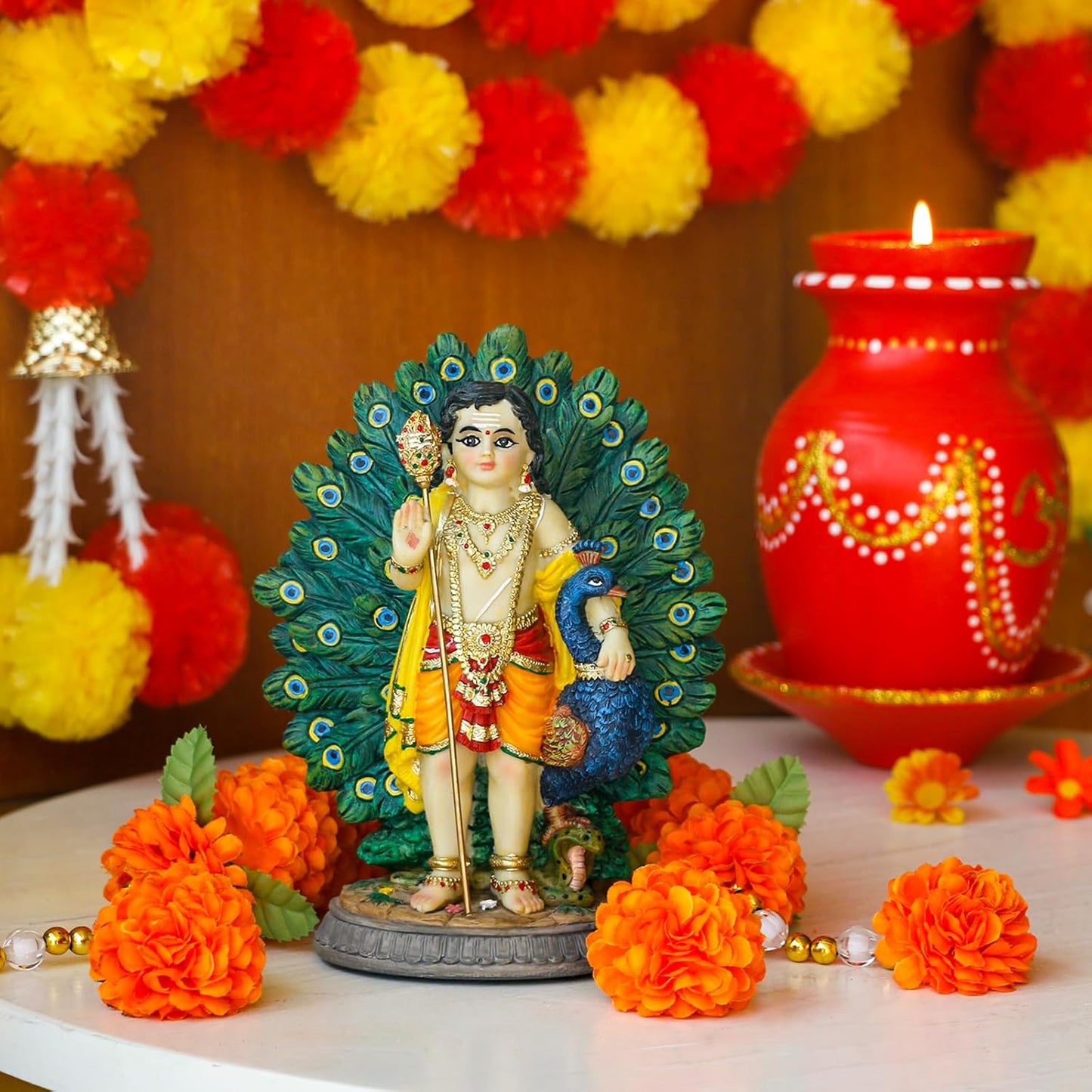 alikiki Lord Kartikeya Statue with Peacock - 6.7”H Indian Lord Murugan Idol Murti Item Home Office Temple Mandir Shrine Altar Pooja Decor India Diwali Puja Gifts for Friends Relative