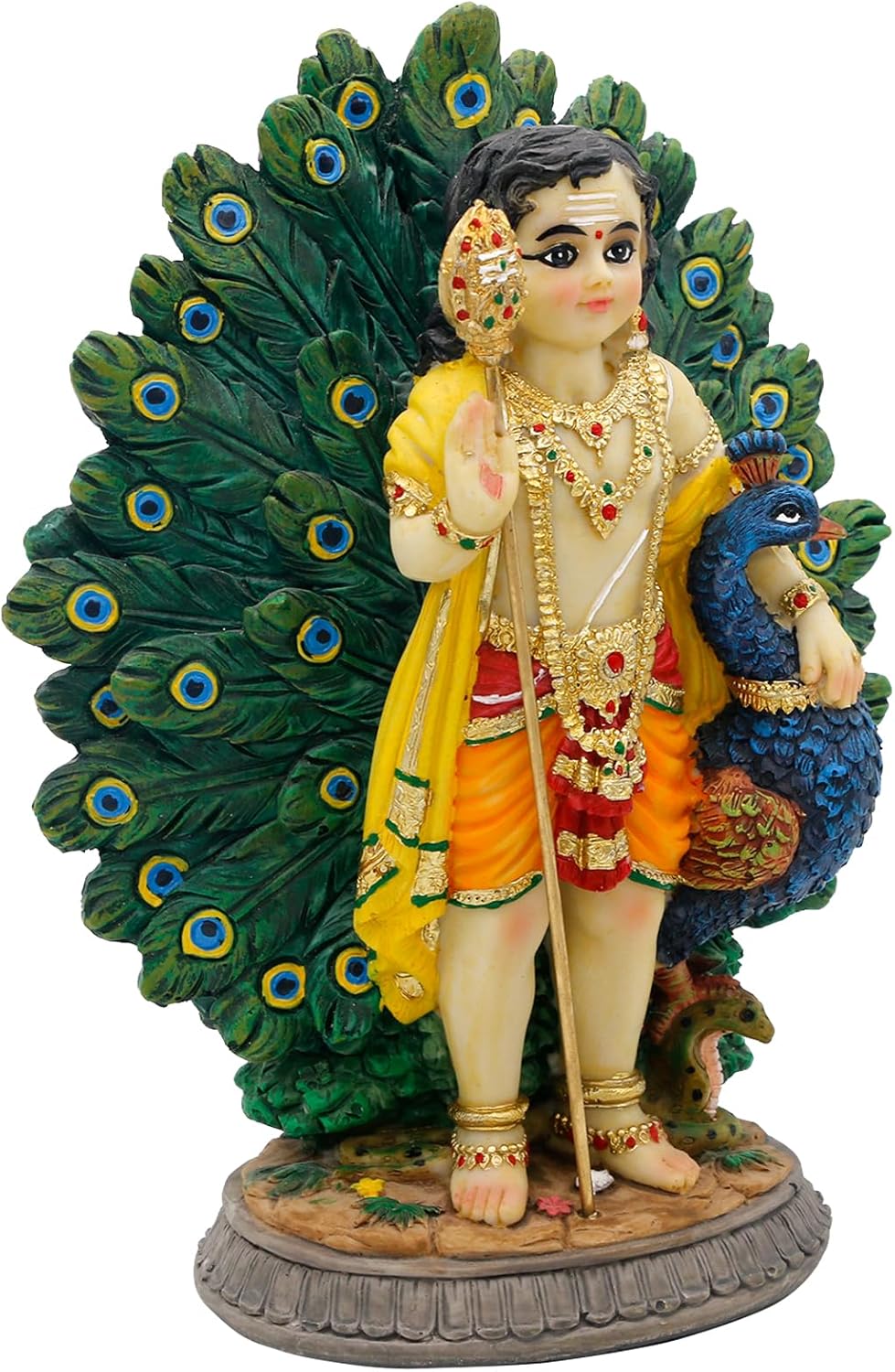 alikiki Lord Kartikeya Statue with Peacock - 6.7”H Indian Lord Murugan Idol Murti Item Home Office Temple Mandir Shrine Altar Pooja Decor India Diwali Puja Gifts for Friends Relative
