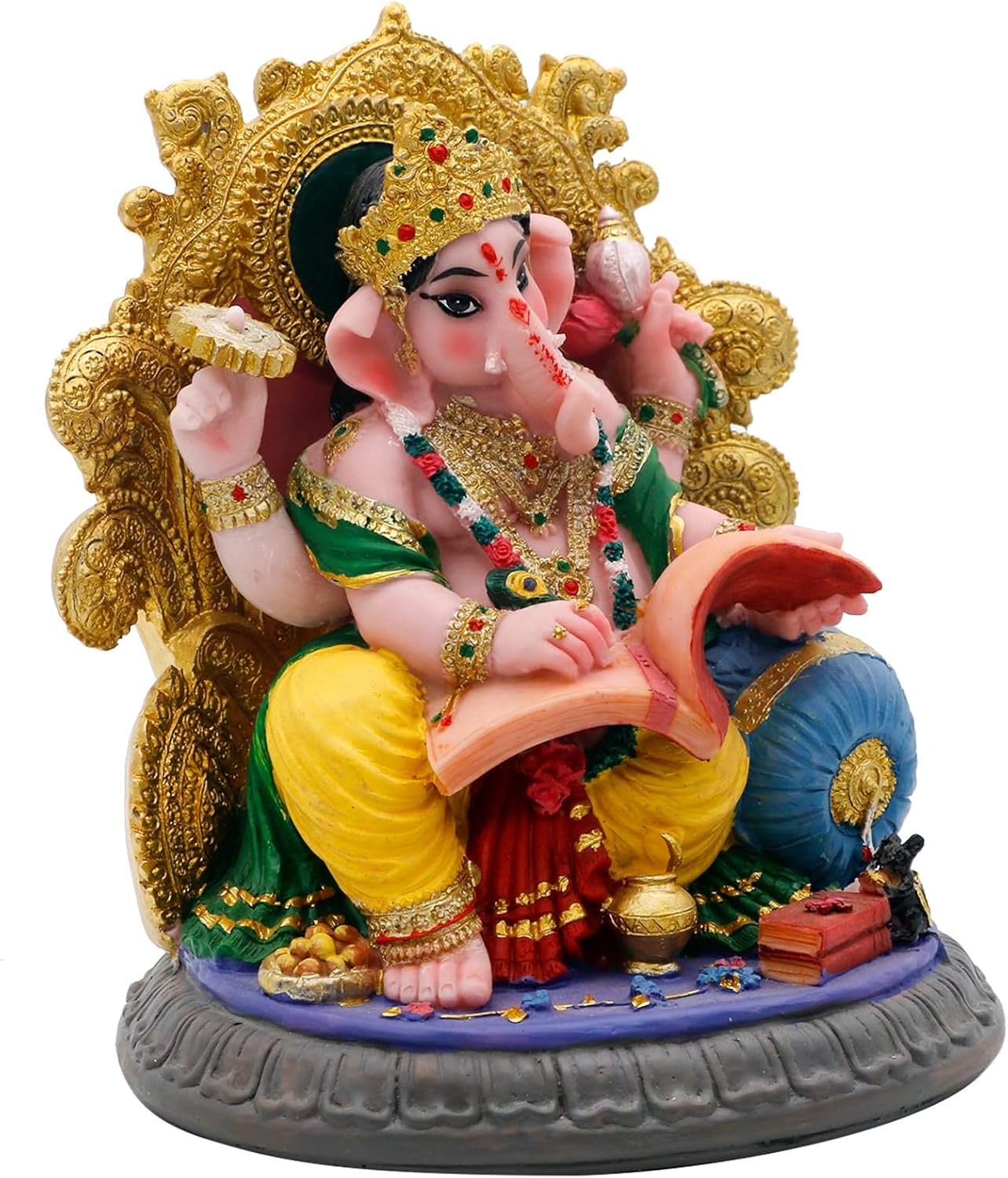 Indian God Ganesha Idol Statue - 5.4”H Ganesh Statue Sitting on Throne Murti India Ganapati Pooja Item Home Office Temple Mandir Shrine Altar Diwali Puja Decor Ideal Gifts for Indian Friend Relative