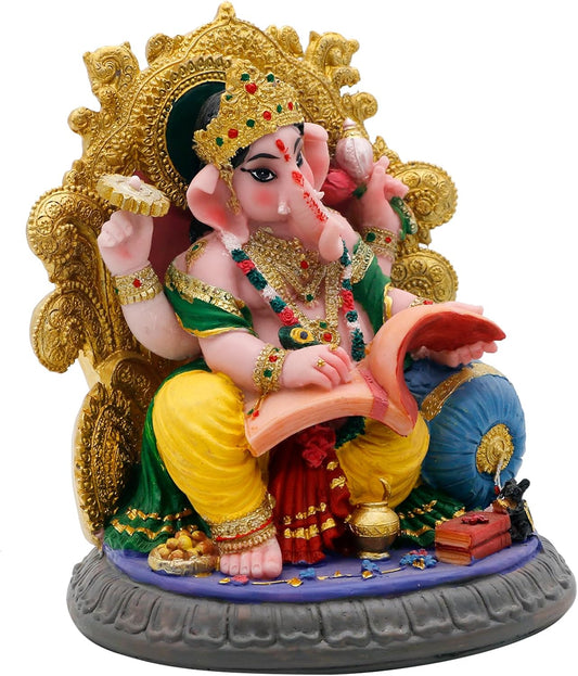 Indian God Ganesha Idol Statue - 5.4”H Ganesh Statue Sitting on Throne Murti India Ganapati Pooja Item Home Office Temple Mandir Shrine Altar Diwali Puja Decor Ideal Gifts for Indian Friend Relative