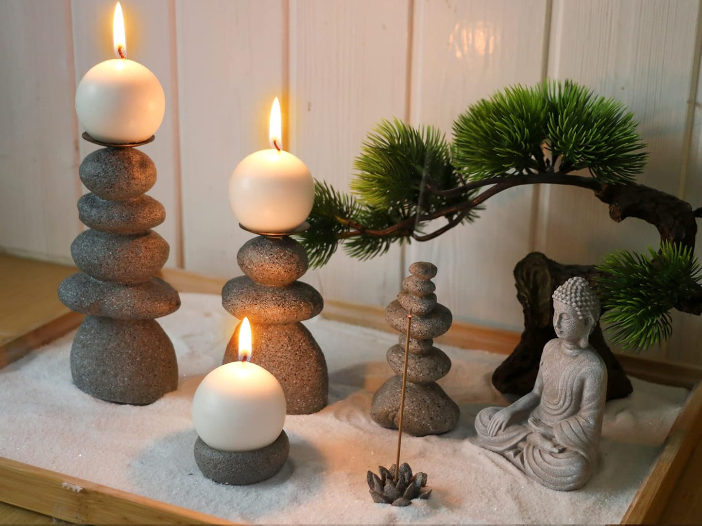 Rock Cairns Candle Holder - Taper Pillar Candle Stick Holder Set of 5 - Balance Stones Candlestick Holders Candlelight Stand for Zen Garden, Altar, Mantle, Yoga, Home Decoration, Meditation Gift