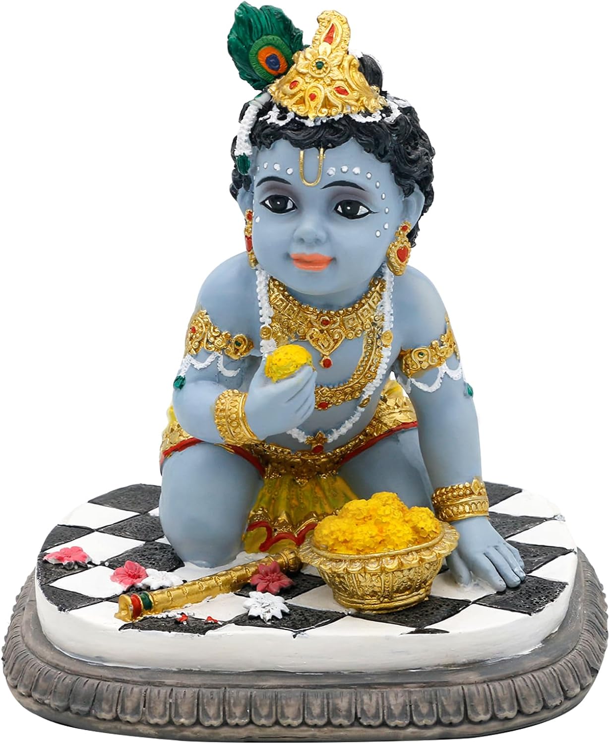 alikiki Baby Krishna Idol Statue - 5.9”H Hindu God Laddu Gopal Kneeling Enjoy Laddus India Murti Item Home Temple Mandir Shrine Altar Pooja Decor Diwali Puja Gifts for Indian Friends