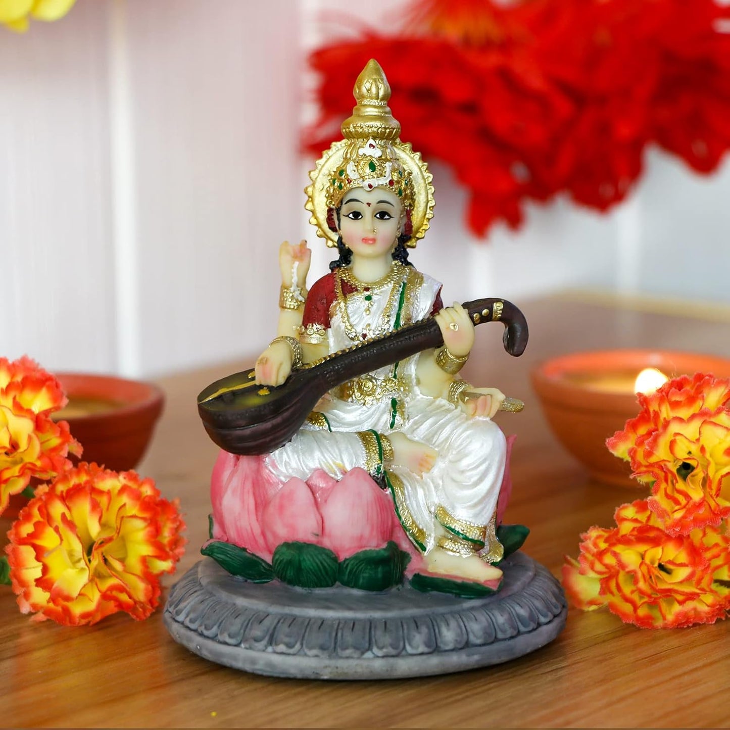 Hindu Goddess Saraswati idol Statue - 5.1”H Saraswati Statue Indian Spiritual Culture Sculpture Diwali Murti Pooja Item India Idol Statue Diwali Decor Diwali Gifts Hindu God Figurines