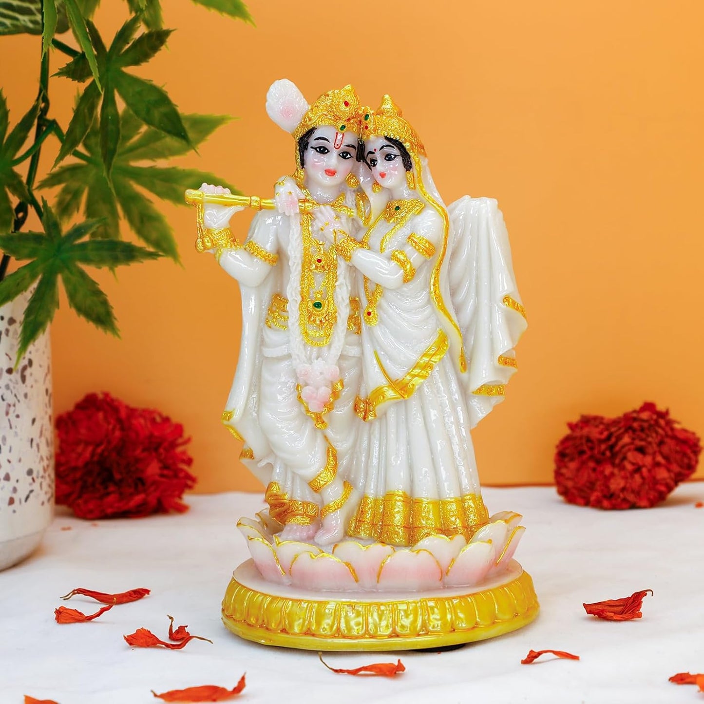 BangBangDa Hindu God Radha Krishna Statue - 5.7" H Marble Color India Murti Pooja Item for Indian Couple Valentine’s Day Gifts for Indian Man Women Lady Lord Krishna Idol