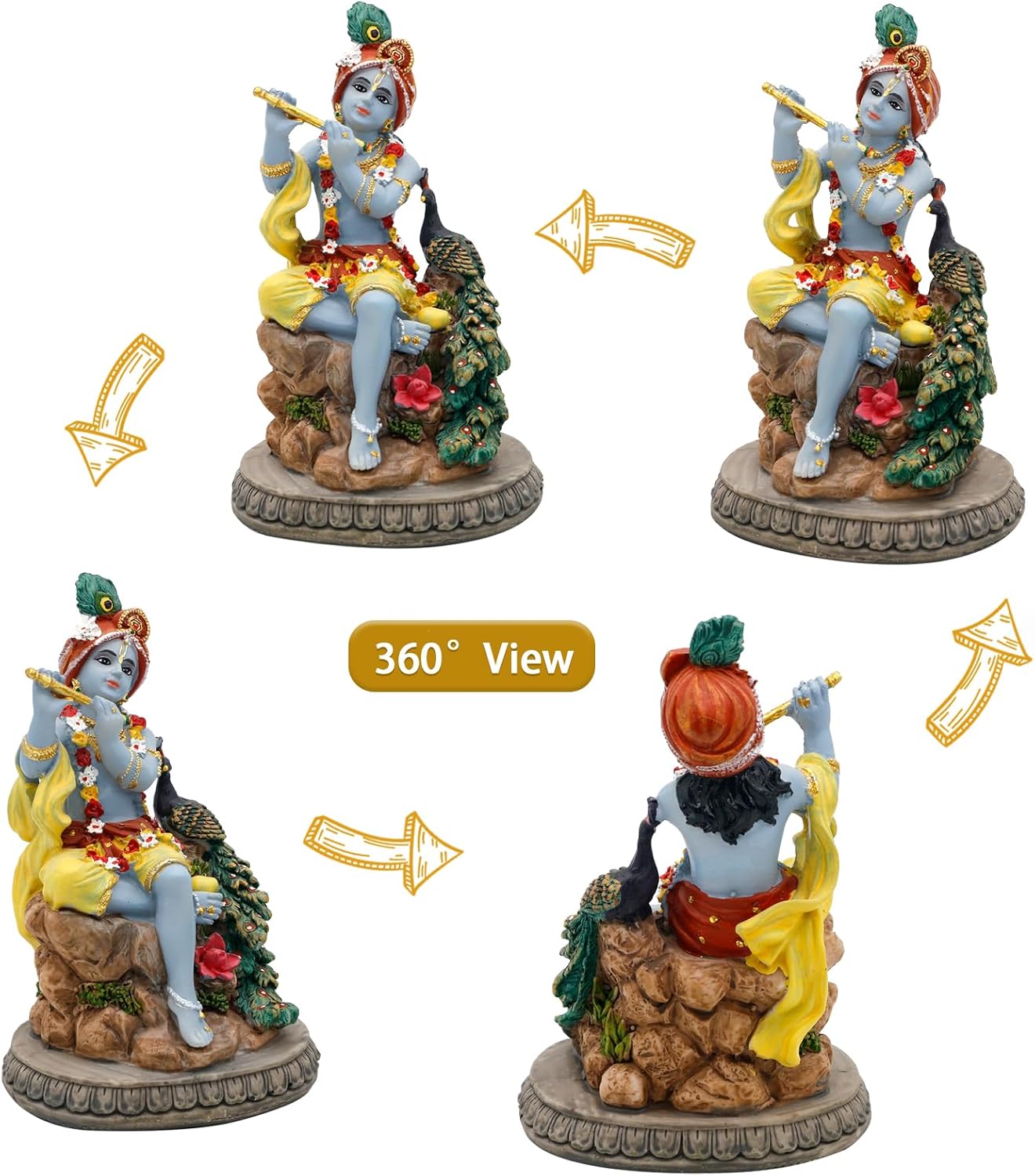 alikiki Hindu God Krishna Statue - 5.5”H India Lord Krishna Idol Play The Flute w/Peacock Murti Item Home Office Temple Mandir Shrine Altar Pooja Decor Diwali Puja Decor Gifts for Indian Friend