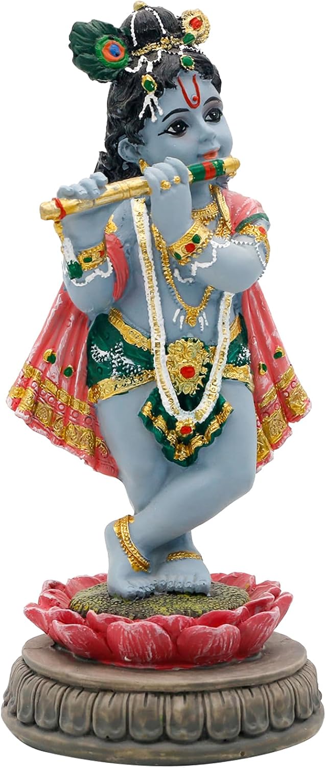 alikiki Hindu Krishna Idol Statue - 5.7”H Indian God Lord Krishna on Lotus Playing Flute India Murti Item Home Office Temple Mandir Shrine Altar Pooja Decor Diwali Puja Gifts for Indian Friends