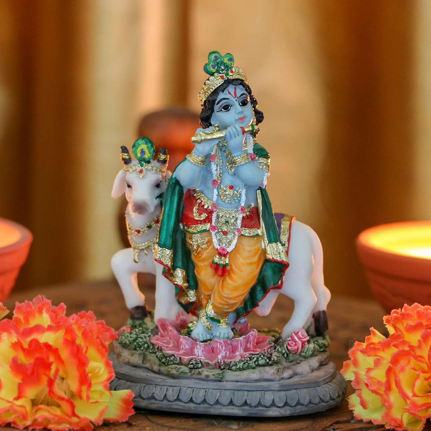 Hindu Idol Lord Krishna Statue- 3.7”H Handmade Standing Krishna Murti Playing Flute with Cow for Home Office Mandir Temple Altar Shrine Pooja Item Diwali Puja Gifts