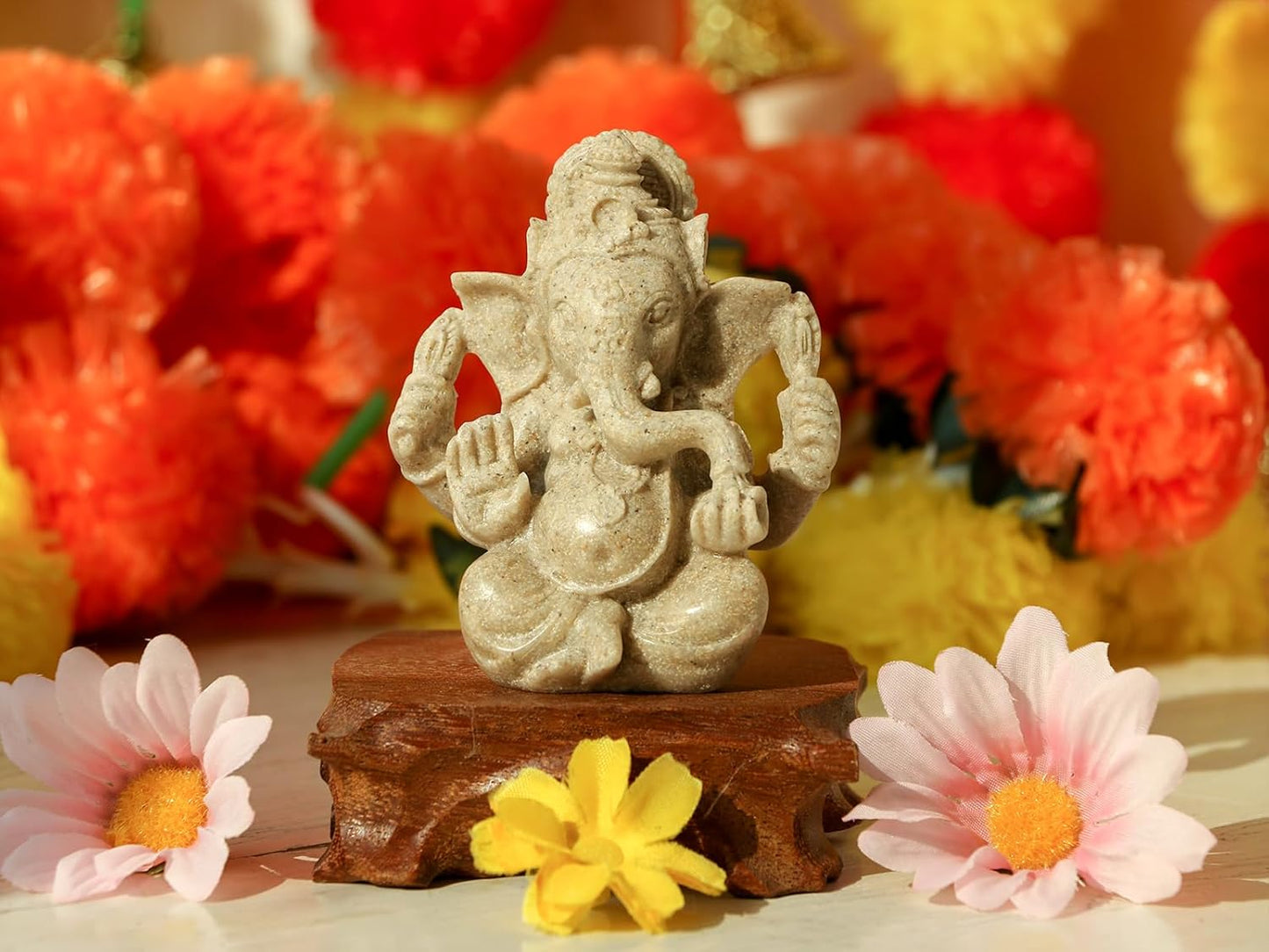 Small Lord Ganesha for Car Decor - 3.5"H Sandstone Ganpati Statue Hindu God Ganesh Idol for Home Mandir, Office Altar, Pray Room, Diwali Pooja Decoration Puja Item Spiritual Gifts for Indian Friends