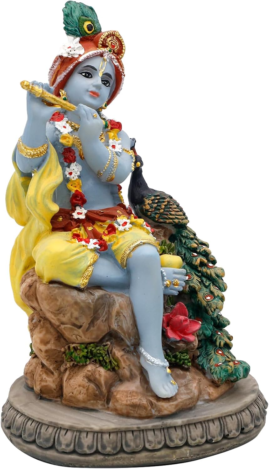 alikiki Hindu God Krishna Statue - 5.5”H India Lord Krishna Idol Play The Flute w/Peacock Murti Item Home Office Temple Mandir Shrine Altar Pooja Decor Diwali Puja Decor Gifts for Indian Friend