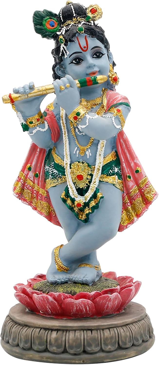 alikiki Hindu Krishna Idol Statue - 5.7”H Indian God Lord Krishna on Lotus Playing Flute India Murti Item Home Office Temple Mandir Shrine Altar Pooja Decor Diwali Puja Gifts for Indian Friends