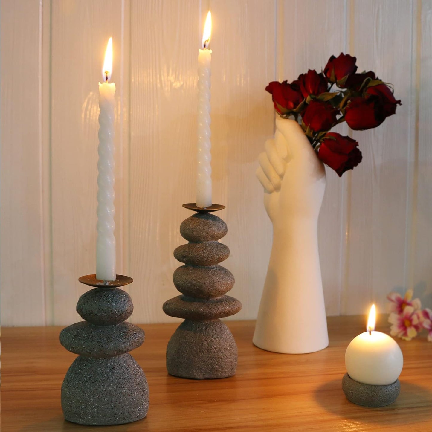 Rock Cairns Candle Holder - Taper Pillar Candle Stick Holder Set of 5 - Balance Stones Candlestick Holders Candlelight Stand for Zen Garden, Altar, Mantle, Yoga, Home Decoration, Meditation Gift