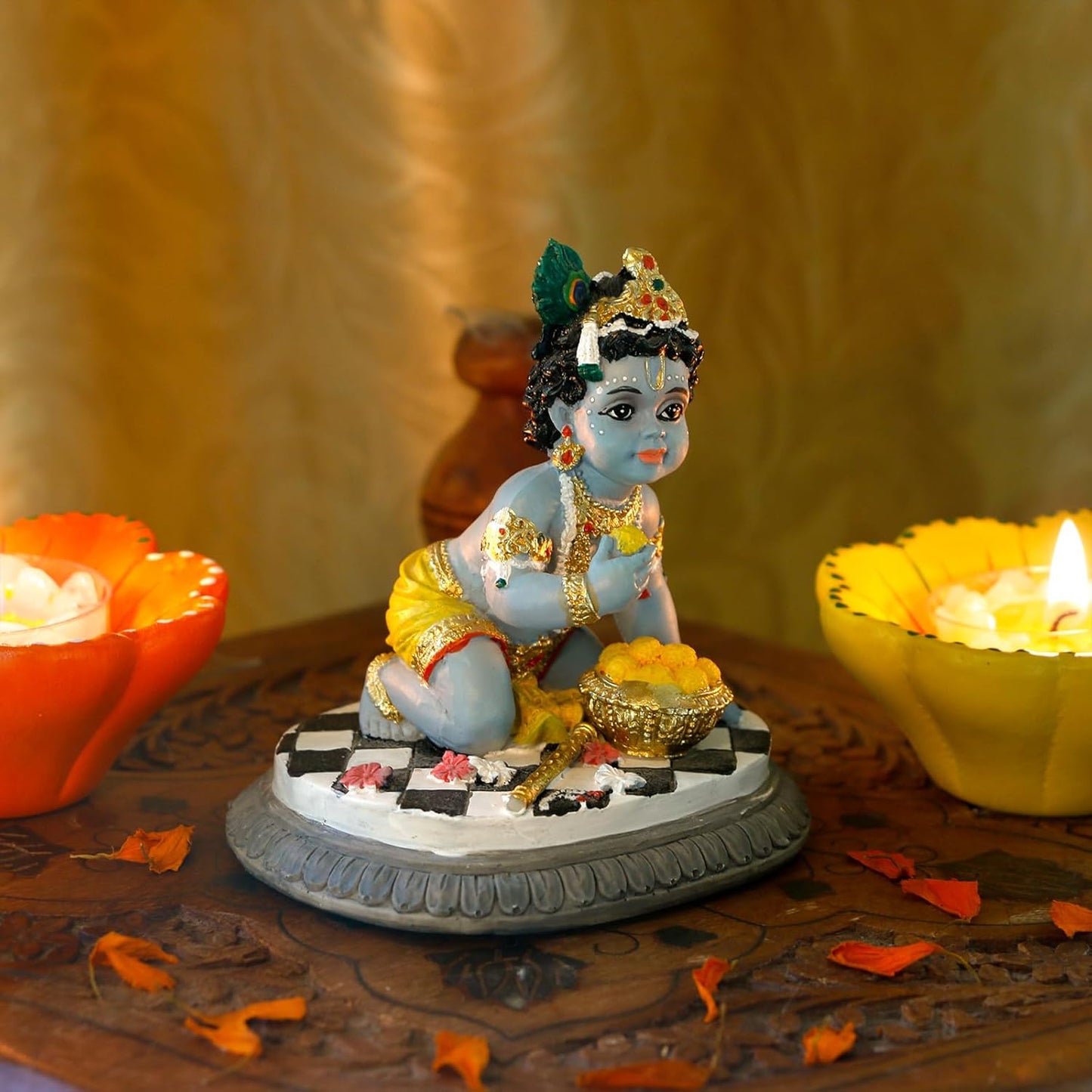 alikiki Baby Krishna Car Decor - 3.5”H Hindu God Lord Krishna Idol Statue Laddu Gopal India Murti Item Home Temple Mandir Shrine Altar Pooja Diwali Puja Gifts for Indian Friend Family Father Mother