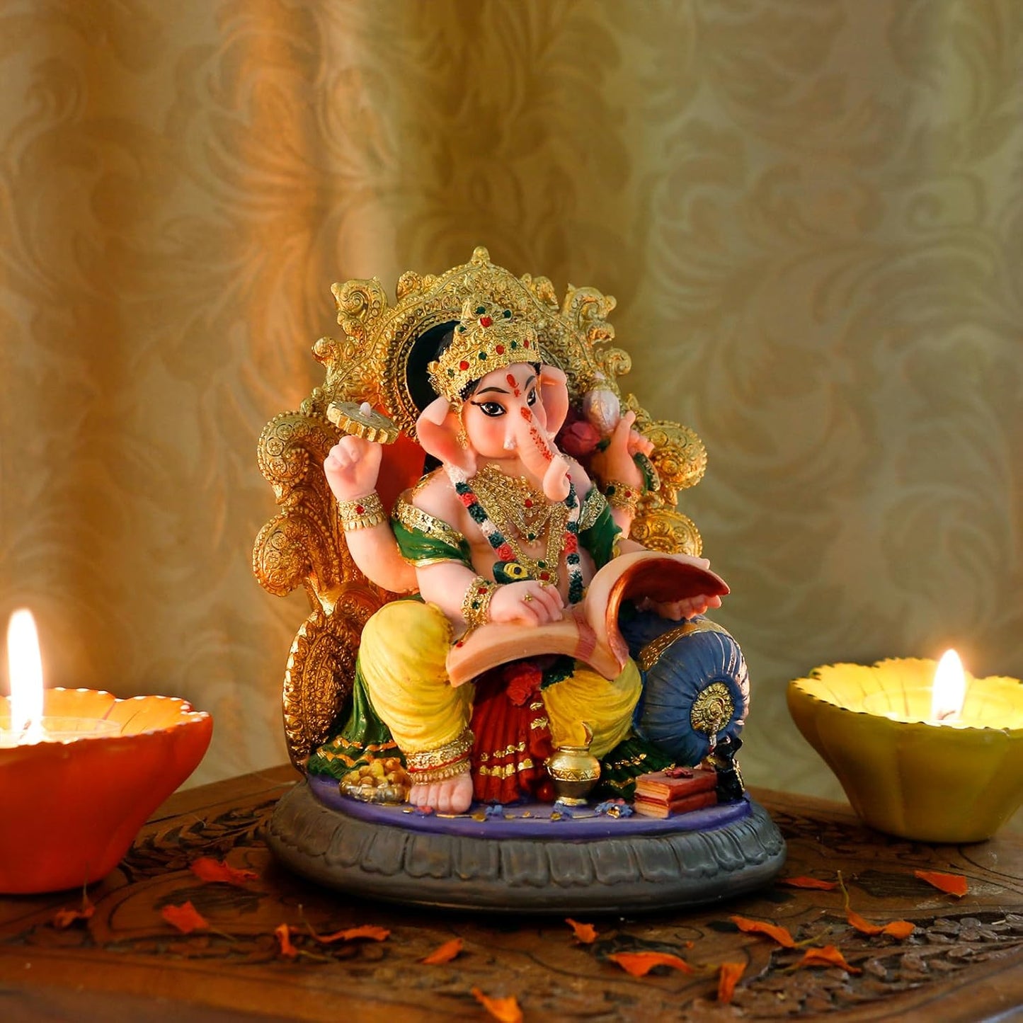Indian God Ganesha Idol Statue - 5.4”H Ganesh Statue Sitting on Throne Murti India Ganapati Pooja Item Home Office Temple Mandir Shrine Altar Diwali Puja Decor Ideal Gifts for Indian Friend Relative