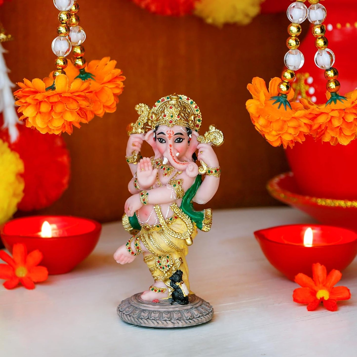 Indian God Ganesha Idol Statue - 5”H Hindu Dancing Ganesh Murti India Ganapati Pooja Item Home Office Temple Mandir Shrine Altar Diwali Puja Spiritual Decor Ideal Gifts for Indian Friend Relative