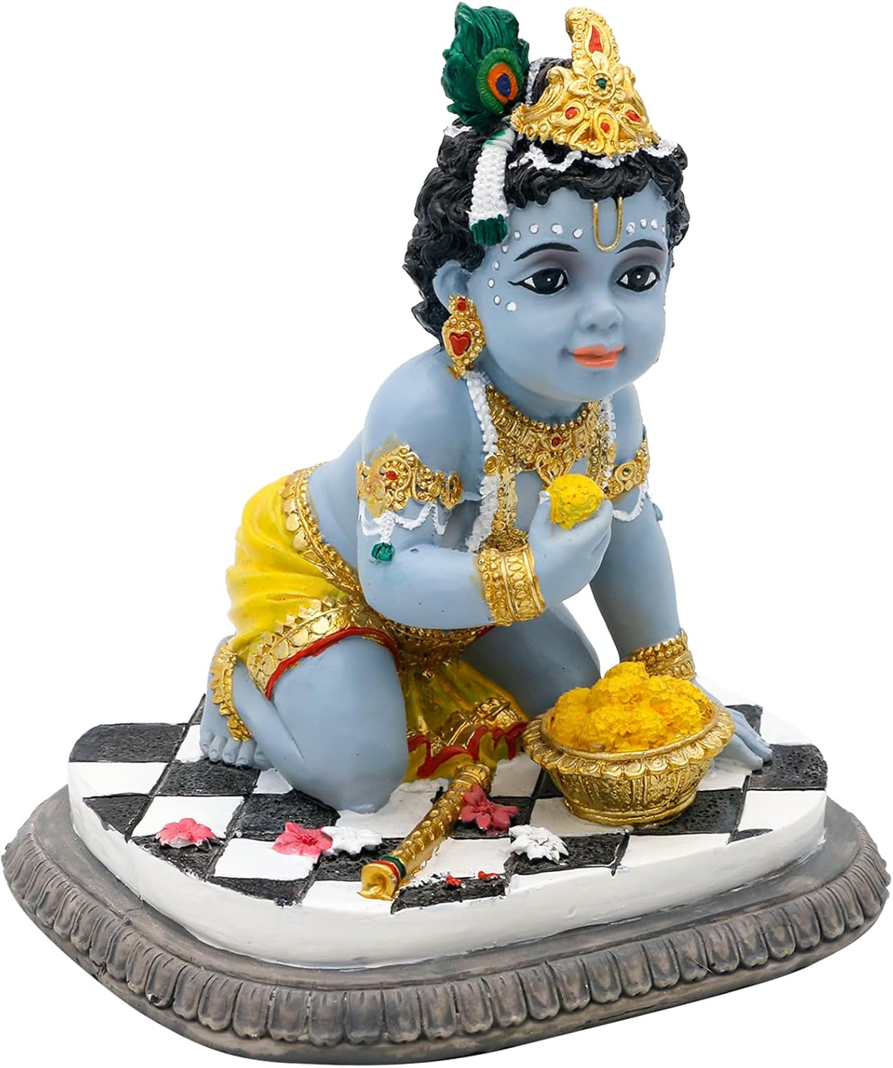 alikiki Baby Krishna Idol Statue - 5.9”H Hindu God Laddu Gopal Kneeling Enjoy Laddus India Murti Item Home Temple Mandir Shrine Altar Pooja Decor Diwali Puja Gifts for Indian Friends
